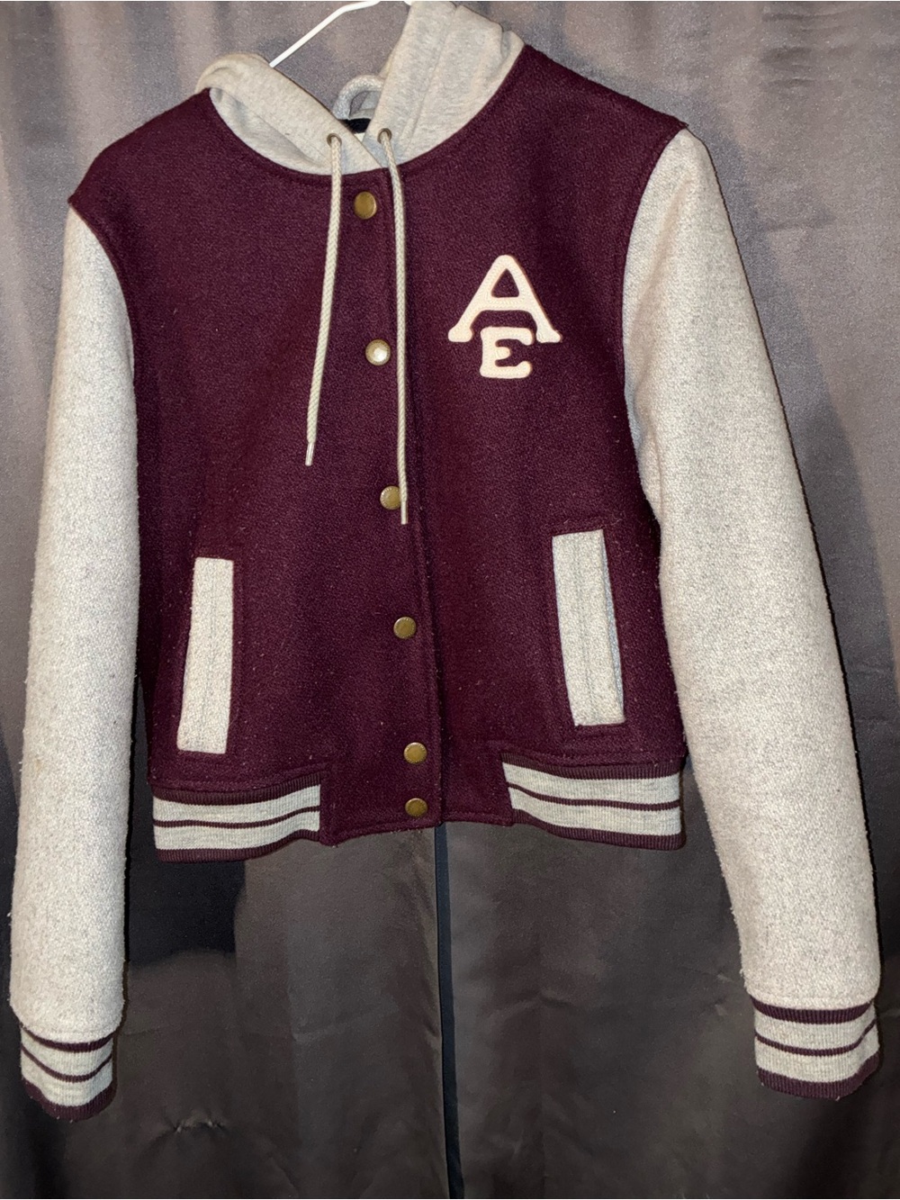 American Eagle Outfitters Burgundy and Light Gray Varsity Jacket with Hood
